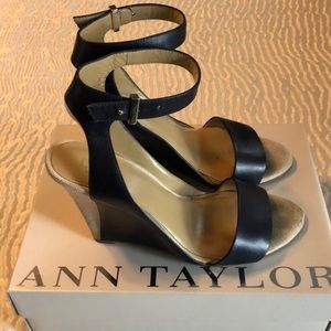 Ann Taylor Navy Leather & Linen Ankle Strap Wedges